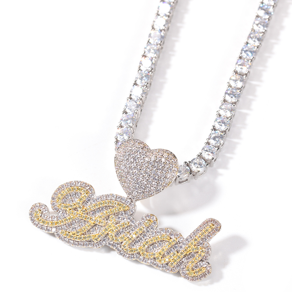 Lettre cursive personnalisée Uwin avec fermoir en forme de cœur, collier avec nom personnalisé, chaîne de tennis, zircone cubique, bijoux tendance, hiphop